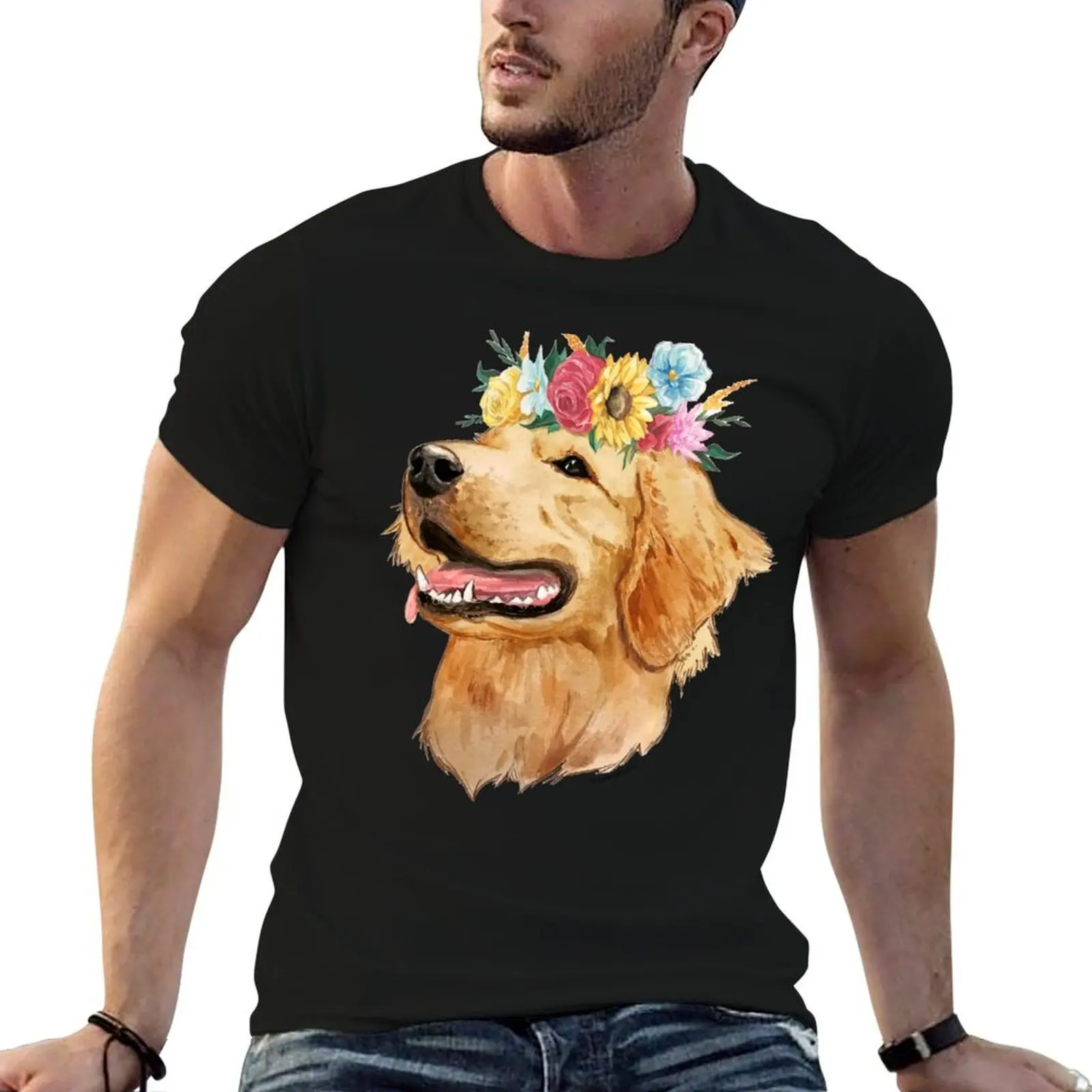 Watercolor Red Golden Retriever dog with wild flower crown T-Shirt