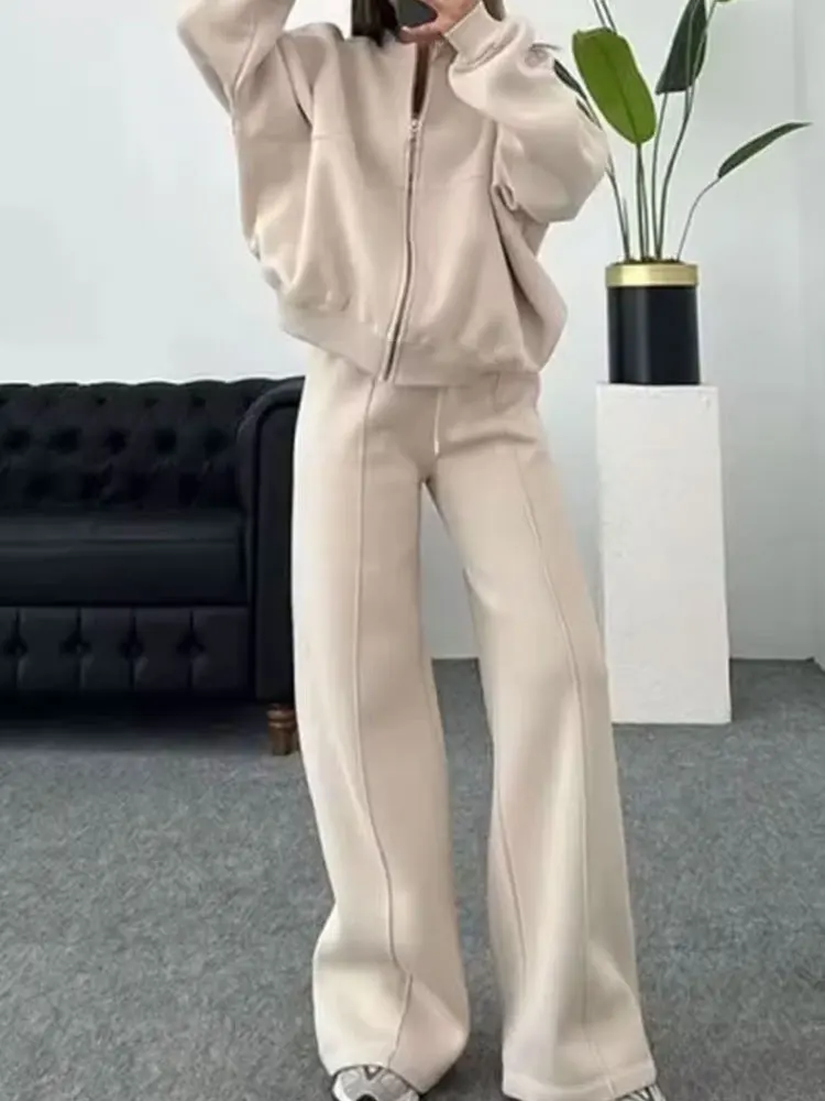 HH 2024 Conjuntos de pantalones informales para mujer, chaqueta Bomber de manga larga con cremallera + pantalones holgados de cintura alta con cordón, traje de moda urbana