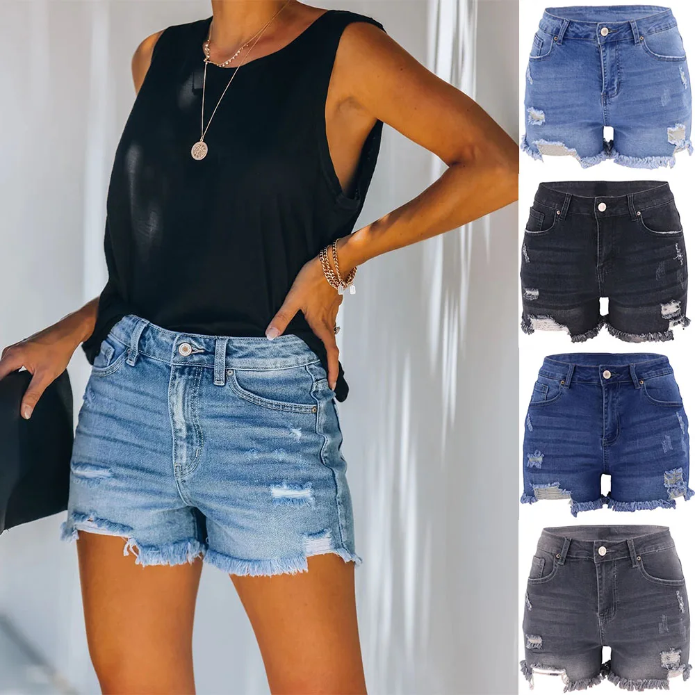 

Women's Cargo Shorts Distressed Trimmed Denim Shorts Ripped Holes Slash Pockets Retro Summer Short Denim Pants Short Jeans