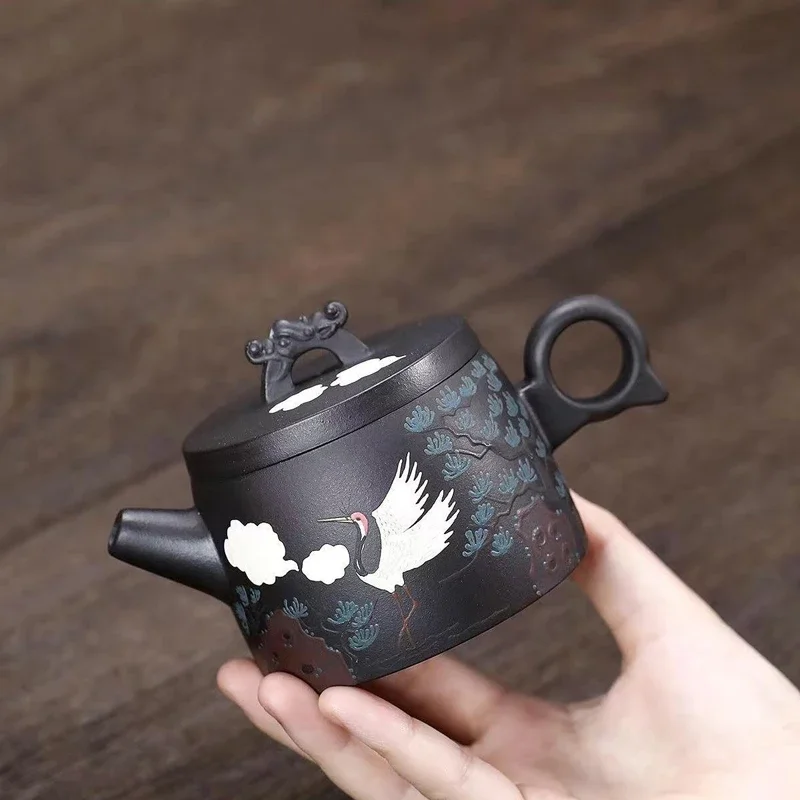 Chinese Pine Crane Patterns, Black Gold Sand From Original Mine Yixing Purply Clay Chinese Kongfu Tea Pots, Handmade, 190ml, New