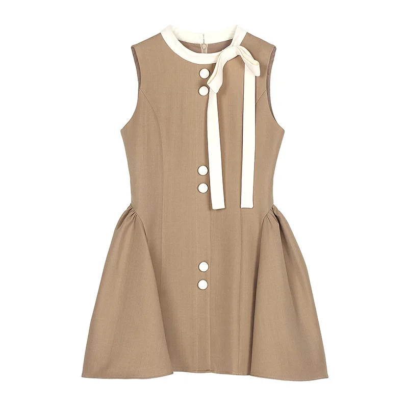 Women Fashion Sweet Khaki Sleeveless Dress with Contrast Ribbon Bow Round Neck Waist Pleated French Lady Short Dress Summer