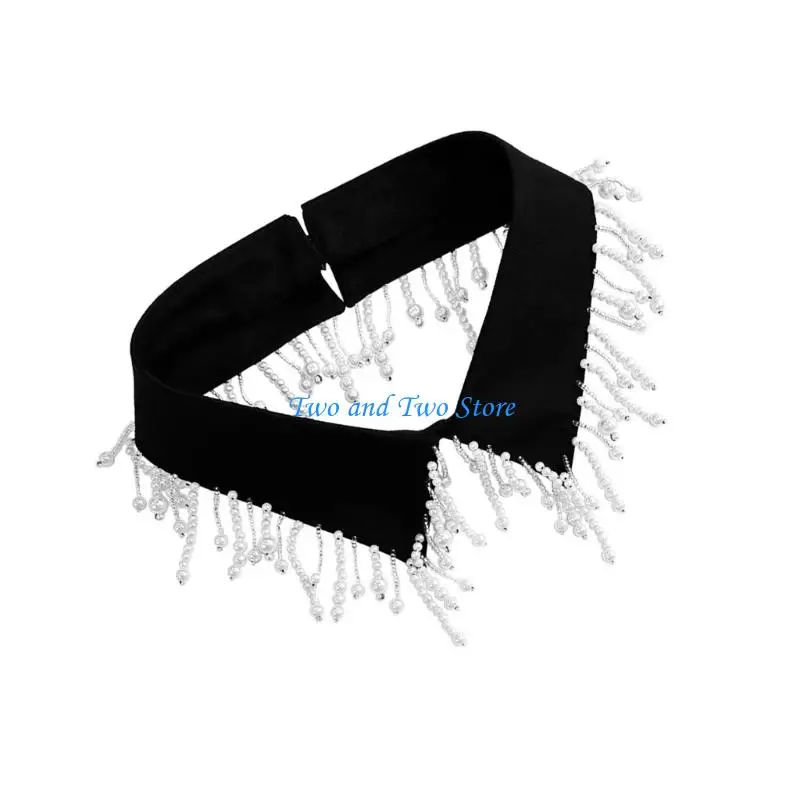HX6F Pearls Tassels Trim Removable Faux Collar Elegant Detachable Blouse Shirt Collar