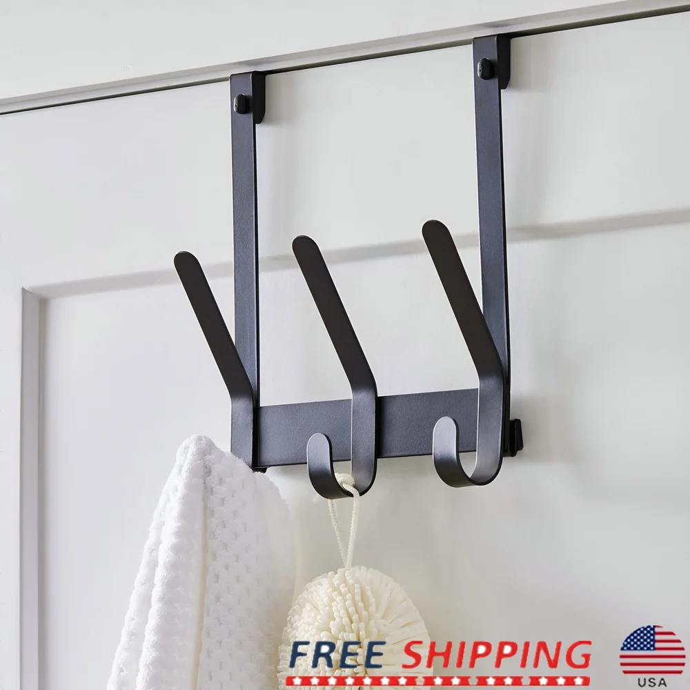 

Over-the-Door Hook Rack with 3 Double Hooks Towel Robe Clothes Storage Matte Black Steel Tool-Free Installation