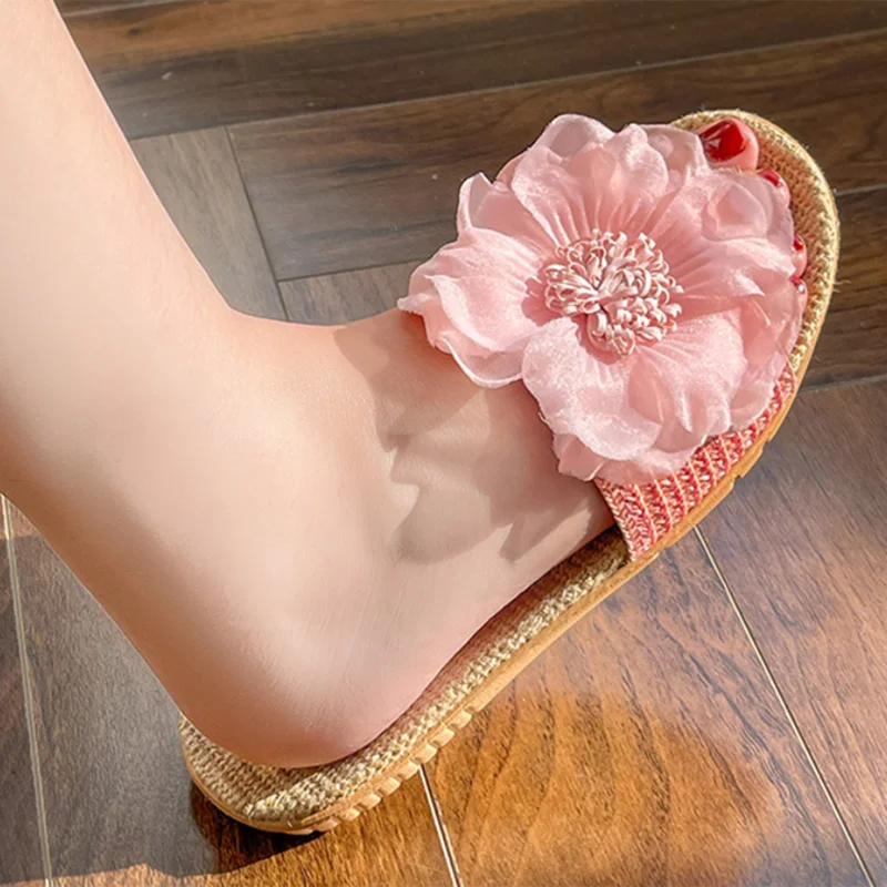 Girls Cheap Flower Home Slides Front Open Toe Slippers Mules Hemp Shoes Massage bedroom Sandals 35 36 40 Wide Fitting 25cm Green