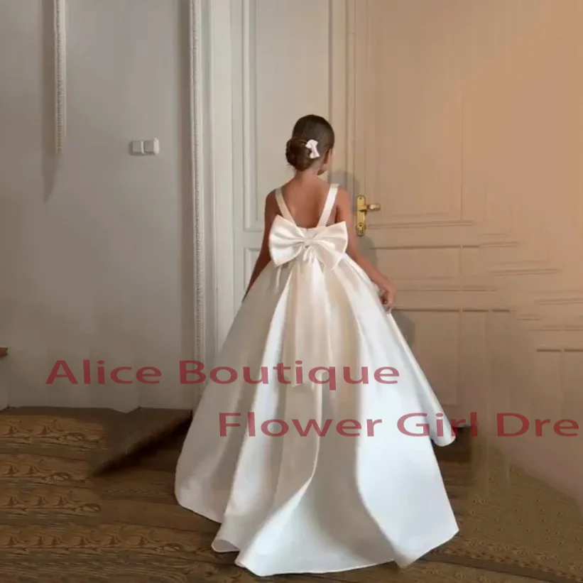 

Simple Flower Gilr Dress Stain Spaghetti Straps A-Line Sleeveless Floor Length Dresses For Wedding First Communion Birthday Gown