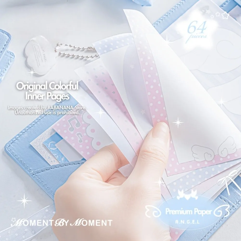 Kawaii Angel Wings Notebook A7 Leather 3 Fold Binder Journal Elastic Closure Loose Leaf Sketchbook Multi Pocket Storage Planner - view 5