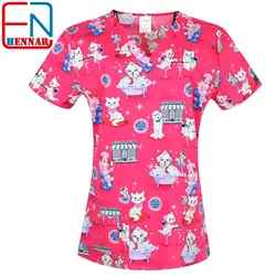 Hennar Print Vet Scrub Uniform For Women In 100% Cotton 4 pockets,XXS-5XL Pet Doctors Medical Scrub Tops