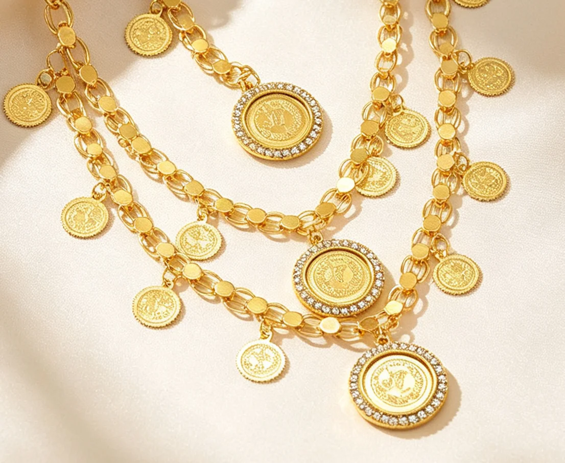 Gold Plated Turquoise Keshish Kurdish Women's Shoulder Chain Middle East Wedding Jewelry Gold Coin Tassel Chest Accessory Bridal