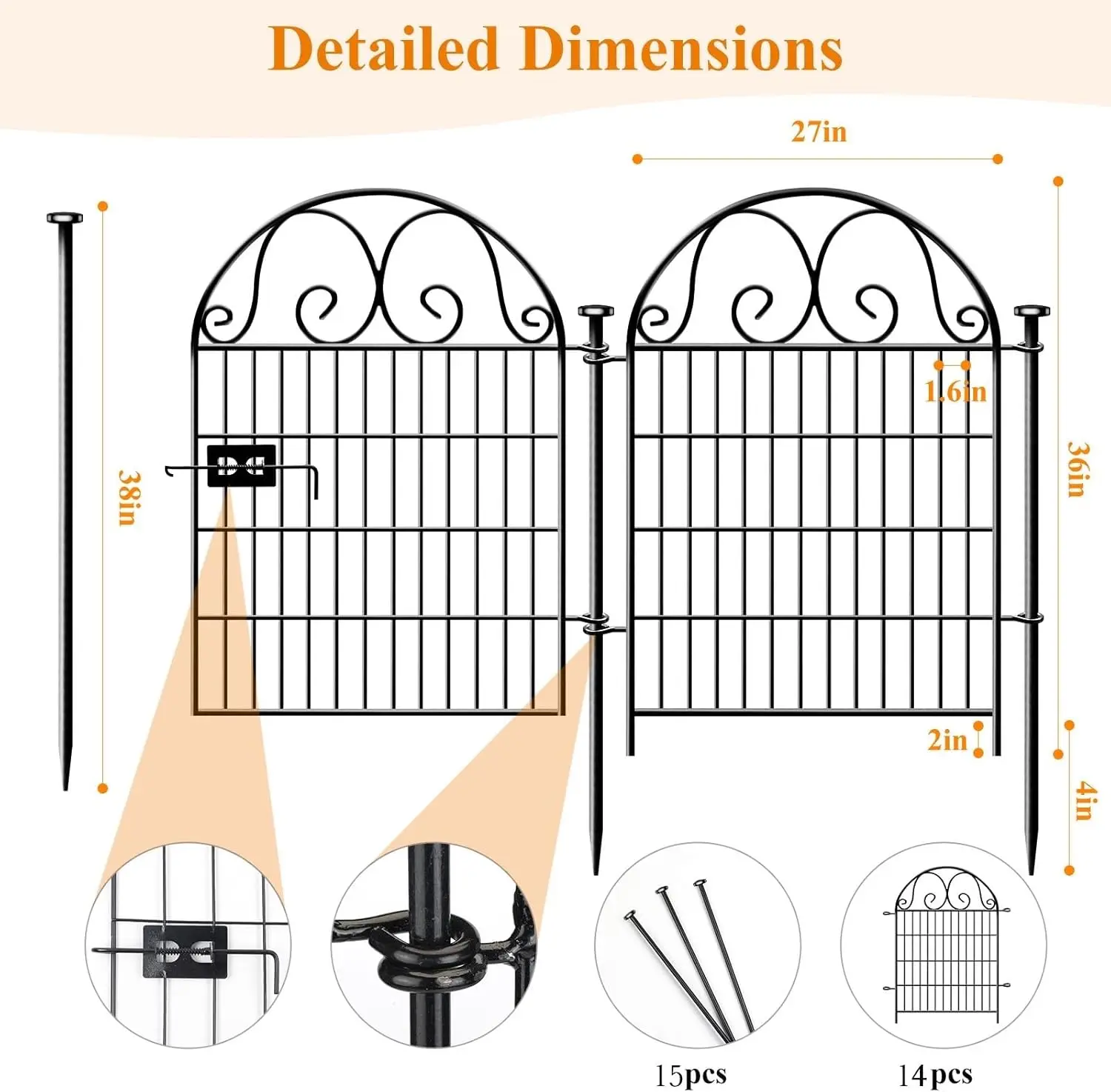 Tall Garden Animal Barrier Fence with Gate, 36 in(H)×30.6 Ft(L) 14 Panels Dog Digging Fence Barrier, Black Heavy Duty Metal