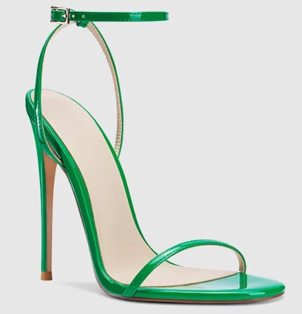 

New Green High Heel Sandals for Women with Fine Heels, Lacquered Leather Strap, Black, Sexy, Dewy Toe Style, Foot Ring