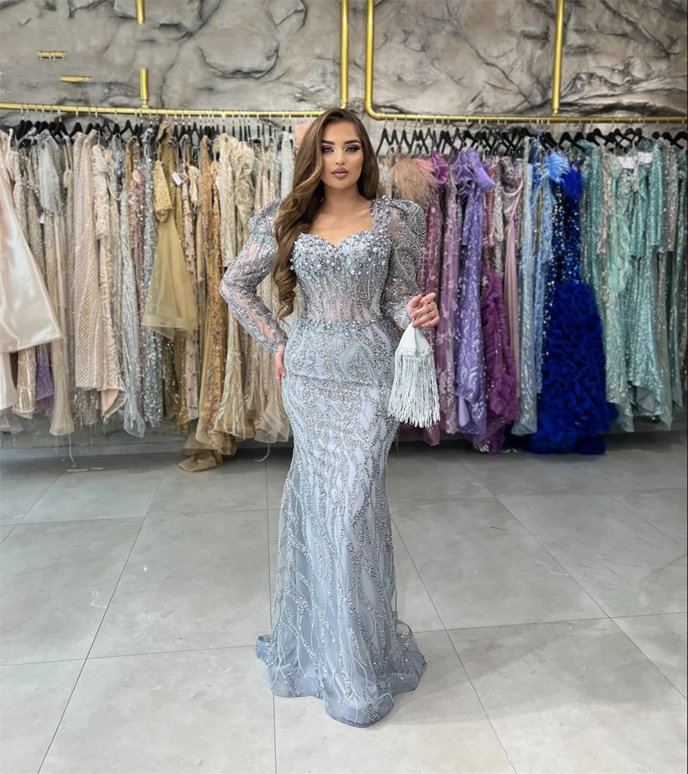 

Customized Grey Pearl Lace Long Sleeves Evening Dresses Beaded Sequins Wedding Party Dress For Women Prom Robes De Soiree