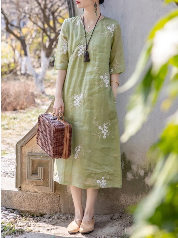 Ele V-Ne bordado A-Line Dr cinco cuartos Sve modificado chino Sle Midi Dr Verano 2025