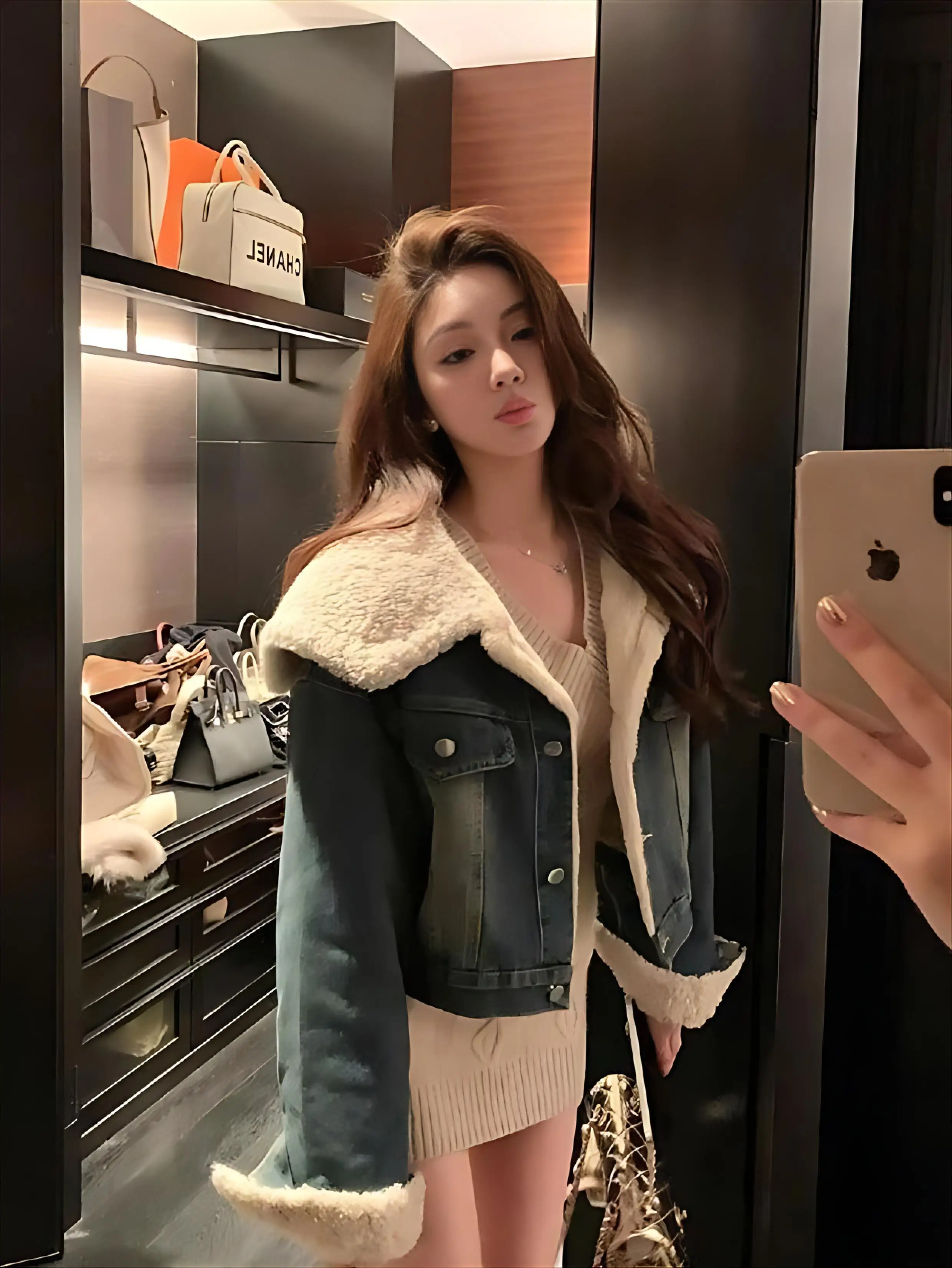 

Denim Coats Winter Fur Plush Womens Autumn Slim Fit Elegant Preppy Style Daily Office Anti-Wrinkle Fleece-Lined Standneck Jacket