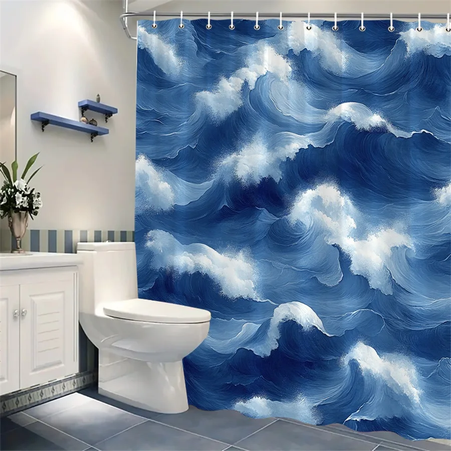 

1 шт. занавеска для душа с турмалими океанскими волнами — темно-синие и белые шапочки, дизайн берегового моря, реалистичная жидкая текстура, прочный полиэстер