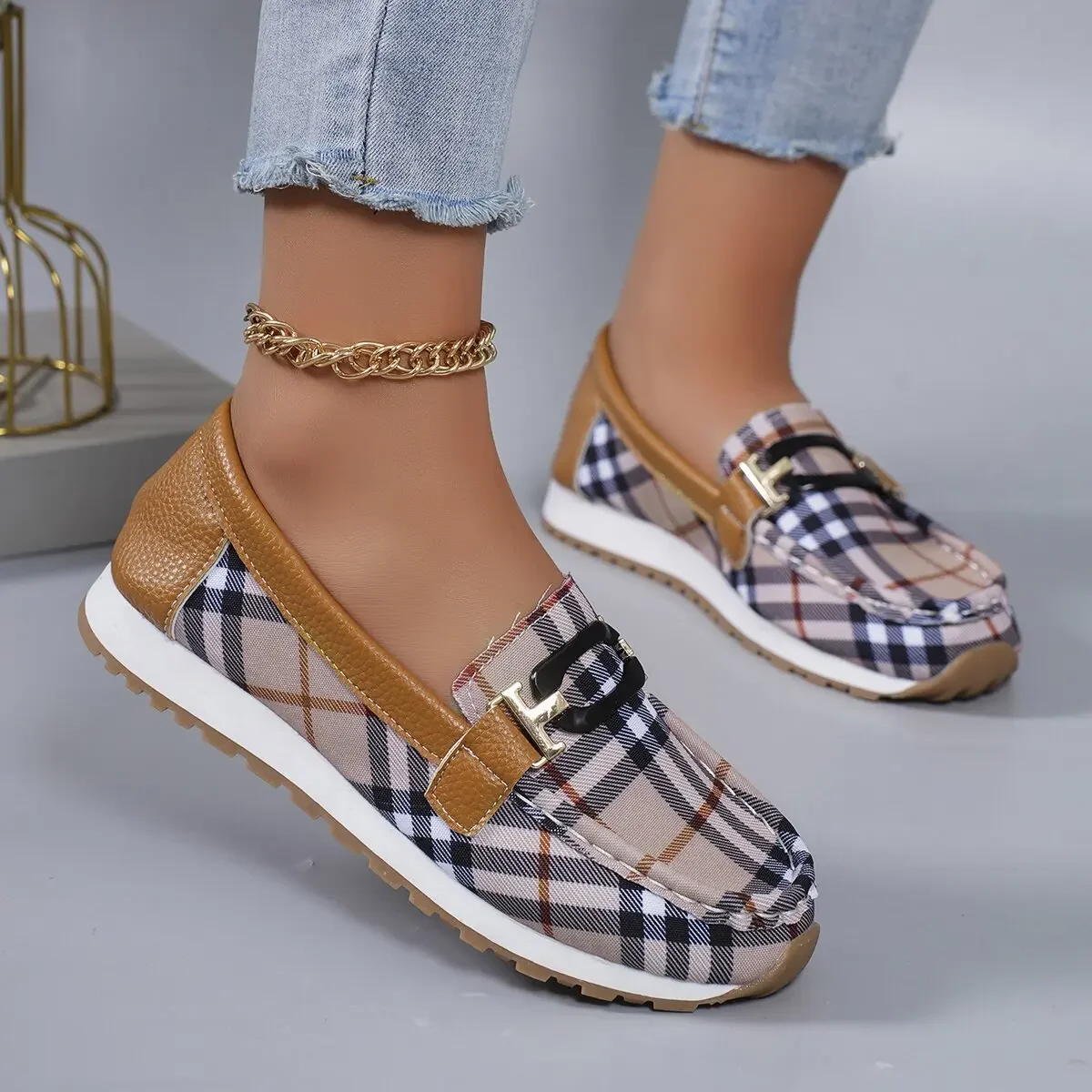 

Women's Canvas Plaid Low-top Loafers 2024 Spring and Autumn Fashionable Non-slip Outdoor Daily Casual Sports Shoes Tenis Mujer