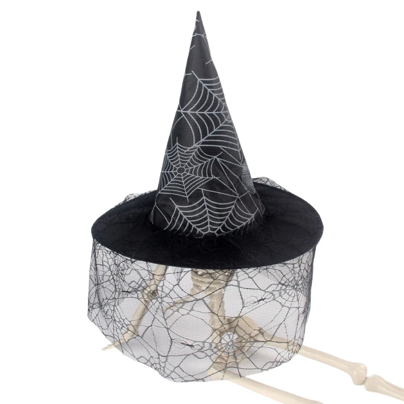 Halloween Party Witch Hats Cobweb Glitter Ruffled Sheer Pointed Hat Cosplay Accessory Unique Witch Hat