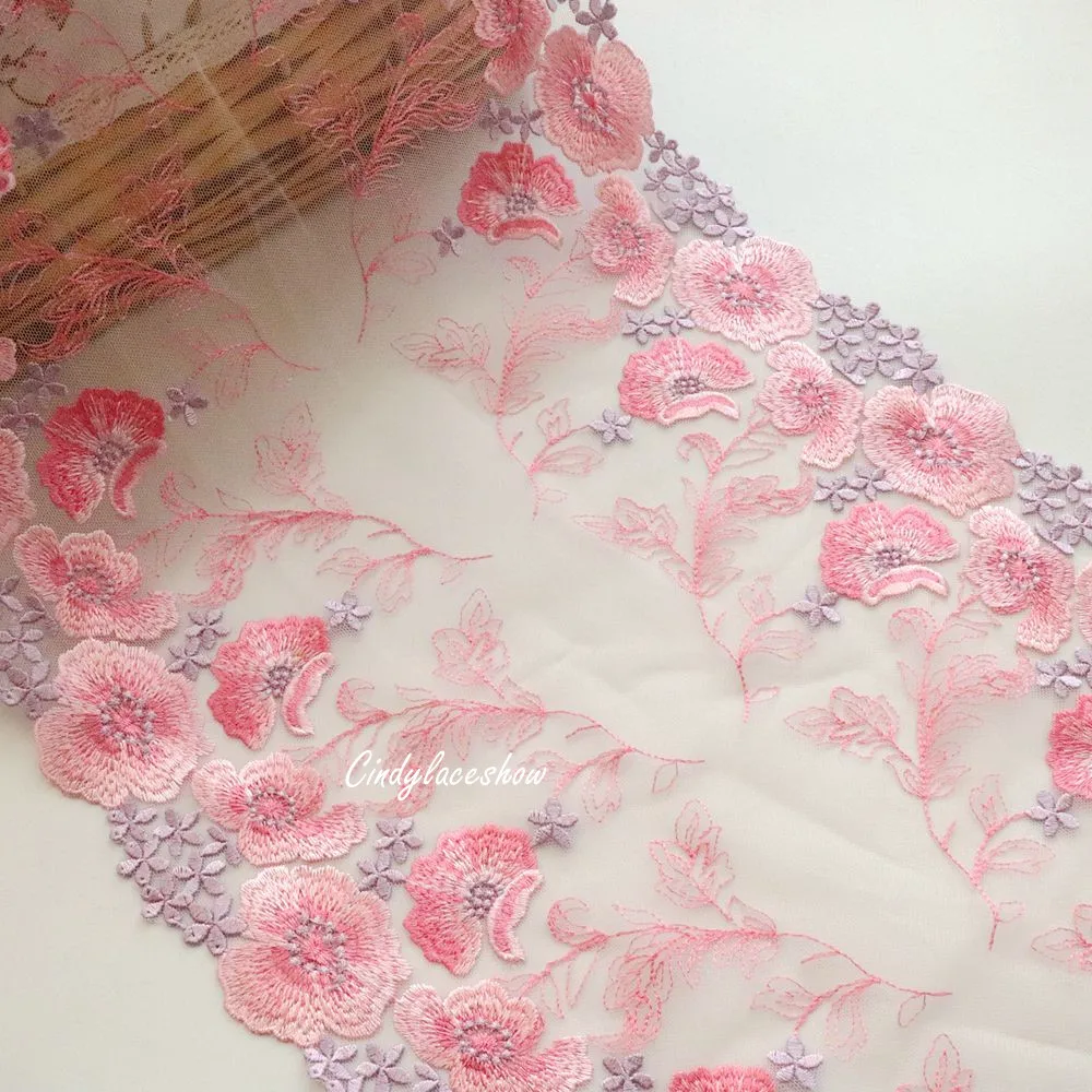 1 Meter 26 CM Wide Pink Flowers Embroidered Wedding Dress Lace Trim Fabric White Mesh For Bra Garment Sewing Clothes Accessories