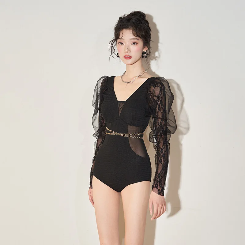 Wisuwore One-piece Swimsuit Women\'s Conservative Long-sleeved Coverup 2023 Korean Ins-style Slim Fashionable Hot Spring Swimsuit