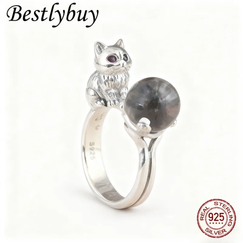 

Кольцо с девятихвостой лисой и натуральным призраком, белое кристаллическое кольцо из чистого серебра 925 пробы, милое трехмерное рельефное русское уникальное кольцо с котом