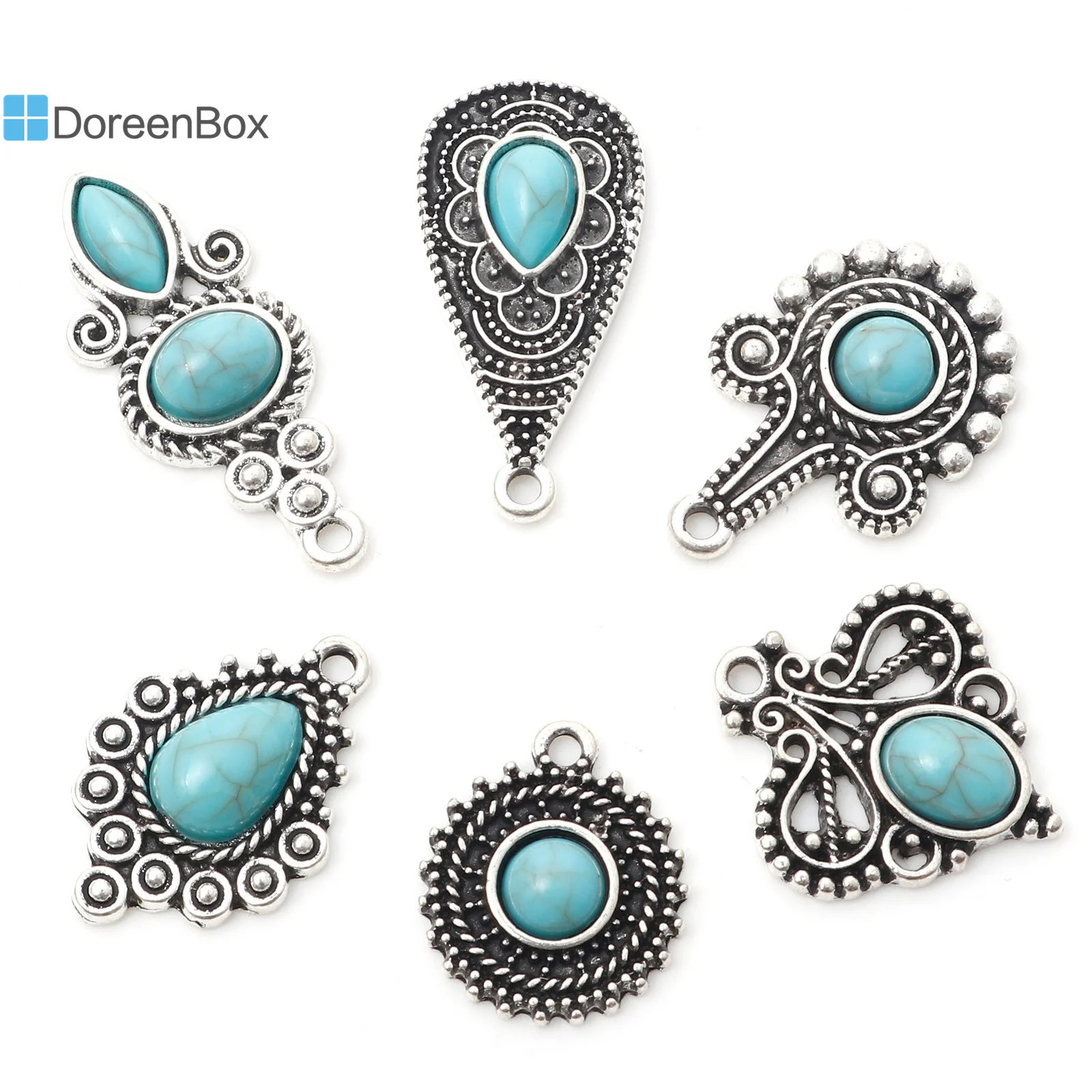 10PCs Bohemian Charms Imitation Turquoise Pendants Antique Silver Color Carved Pattern With Resin Cabochons DIY Necklace Jewelry