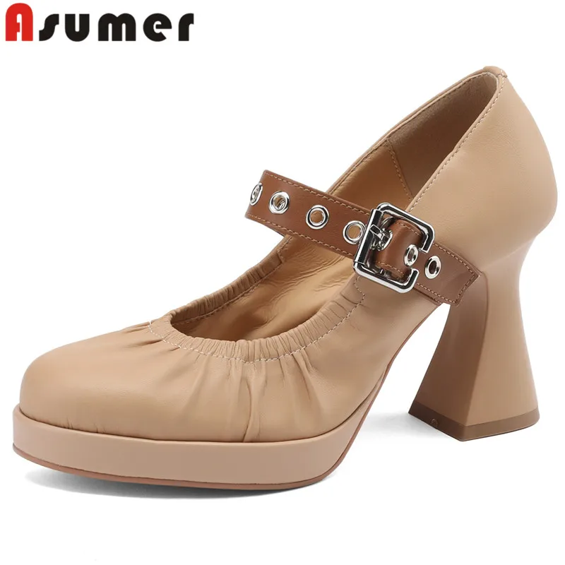 

ASUMER 2024 New Mixed Colors Sheepskin Leather Shoes Buckle Ladies Mary Janes Pumps Thick High Heels Platform Women's Shoes