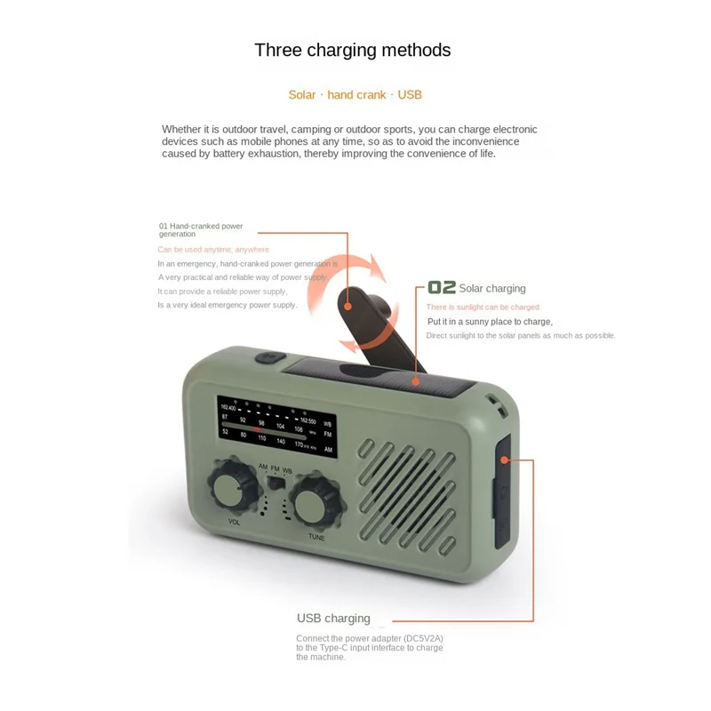 Weather Radio With AM/FM/WB, Solar & Hand Crank Power, LED Flashlight, SOS Alarm For Outdoor Emergencies-AAAE