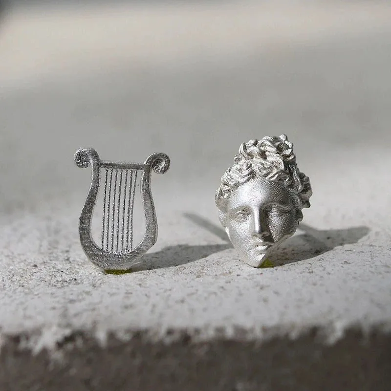 Dark Academia Stud Earrings Asymmetric Greek Apollo Harp Silver Vintage Artistic Unique Gift For Women Girls Daily School Party
