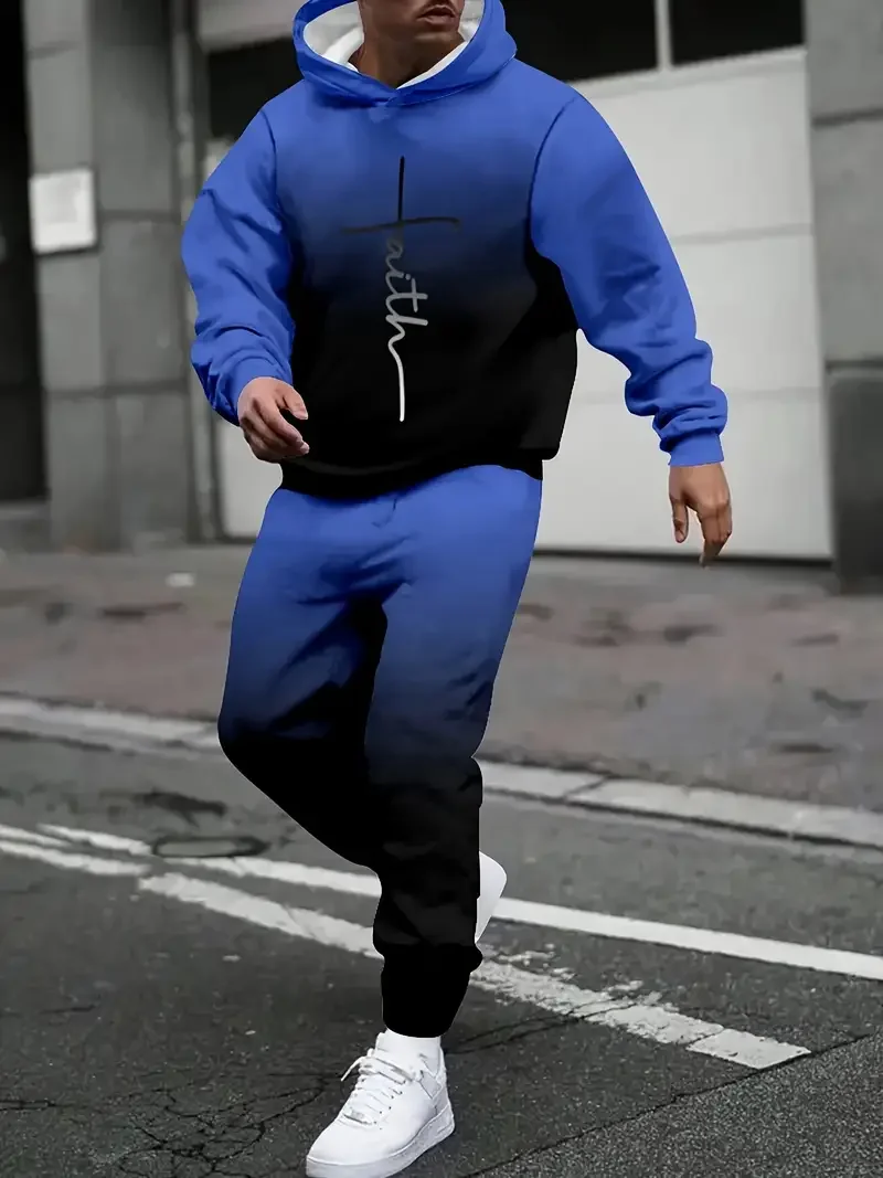 

Осенне-зимний мужской комплект с капюшоном, мужской градиентный комплект, мужская толстовка с капюшоном, мужская модная повседневная толстовка и брюки, быстросохнущий дышащий комплект