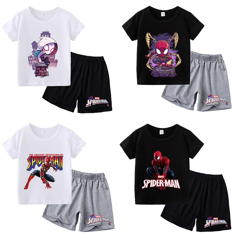 Spidermans Kids Clothes Shorts Suit Marvels Cotton T-shirt Set Anime Movies Graphic Print Children's Clothing Baby Show Gifts