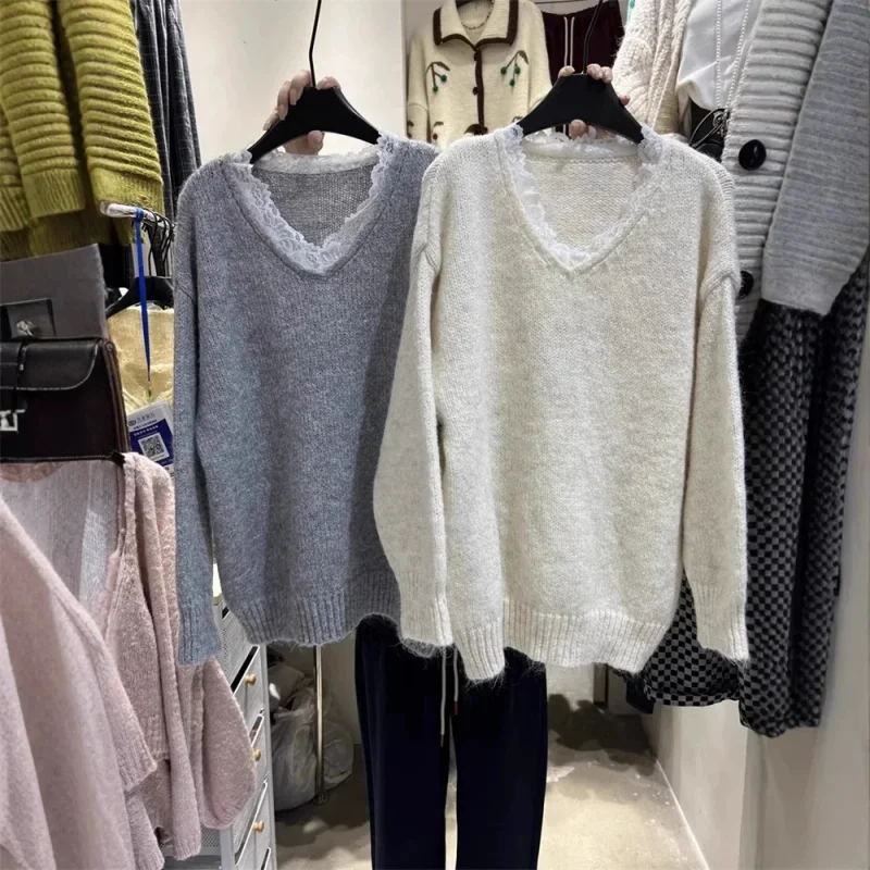 

Весенне-осенний однотонный женский вязаный свитер с v-образным вырезом в стиле пэчворк, кружевной воротник, пуловер с длинными рукавами, повседневные свободные топы, женская одежда