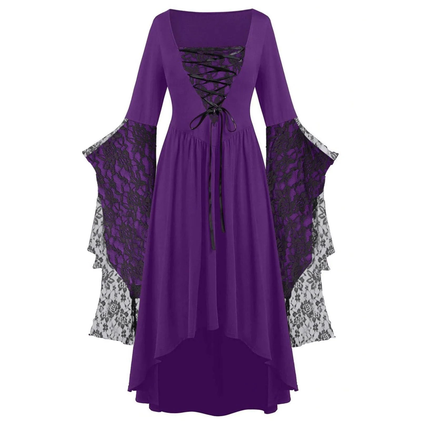 Gothic Halloween Vintage Damenkleider mit ausgestellten Ärmeln, lang, Übergröße, Hexen-Vampir-Kleid mit Netzstoff und Ausschnitten, Rave-Party-Bühnenrequisiten – Detail 2