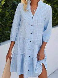 Elegant Women's Midi Dress Summer Checkered Standing Neck Shirt Dress Vestidos Verano Robe Vestido Verano Mujer