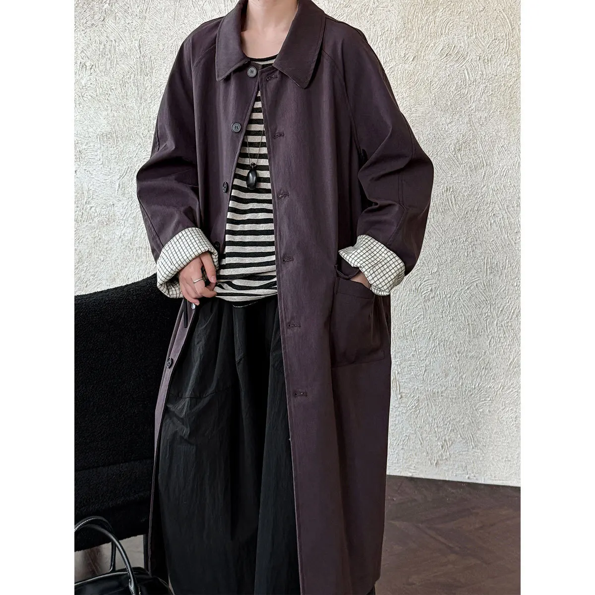 

Lapel Mid-length Trench Coat For Women Autumn Patchwork Plaid Barn Style Jacket