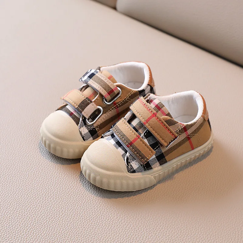 2024Spring and Autumn New Baby Shoes Boys Checked Cloth Girls Canvas Soft Bottom Toddler Shoes