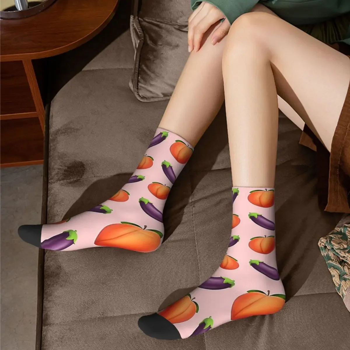 Peach And Eggplant Socks Harajuku Super Soft Stockings All Season Long Socks Accessories for Man's Woman's Christmas Gifts