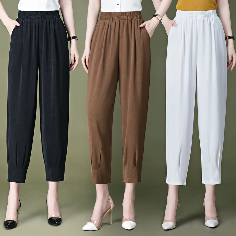 

Spring New Korean Office Lady Slim Versatile Loose Wide Leg Pants Women's Solid Elastic Waist Pockets Casual Straight Trousers