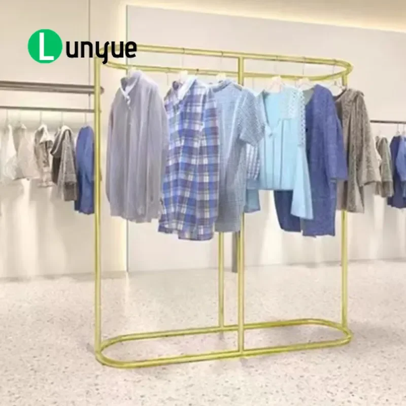 Gold Wrought Iron Oval Middle Island Clothing Rack Double Row Hanging Display Stand Simple Bold Design for Children and Women