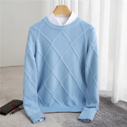 CAIXINGLE Round Neck Large Plaid Knitted Sweater Men's High-End Woolen Sweater Pullover Loose Comfortable Top