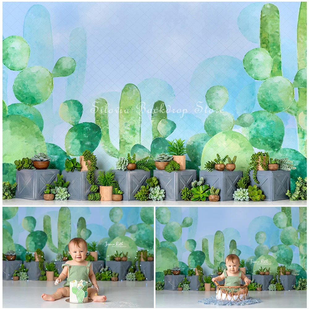 Succulent Cactus Green Photo Background Baby Shower Children Birthday Photography Backdrop Cake Smash Photo Studio Props