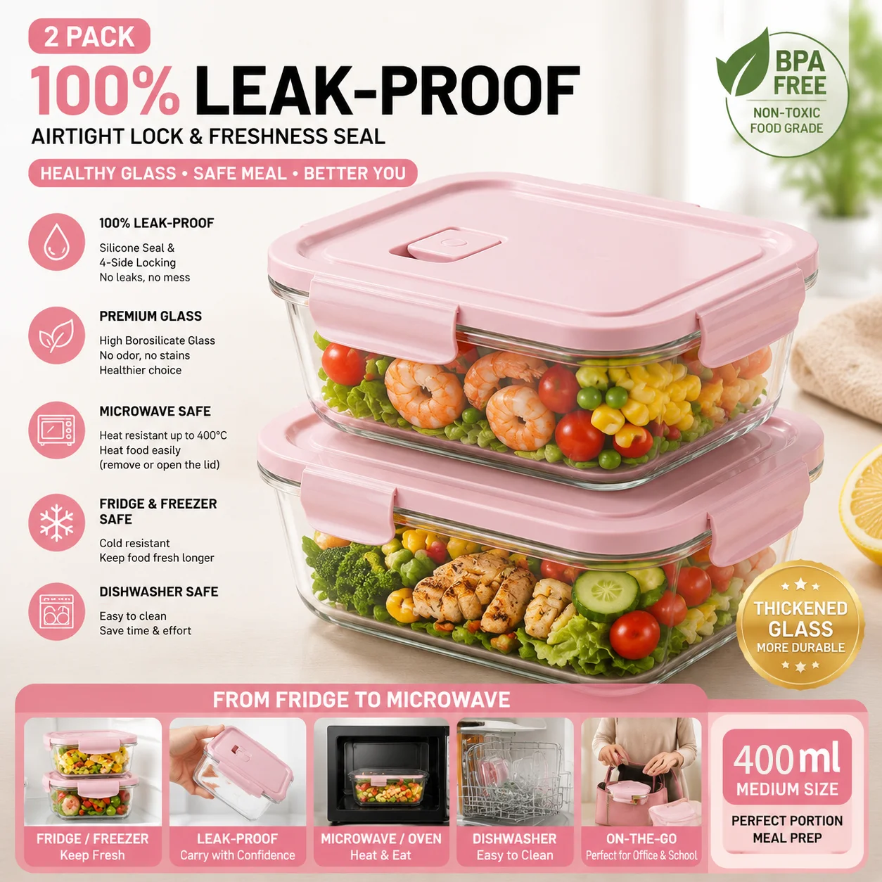 2PCS Glass Food Storage Containers High Borosilicate Glass Lunch Box Leak-Proof Airtight Box Microwave Freezer Safe for Meal Pre