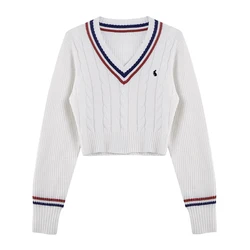 Winter Soft Basic Long Sleeve Pullovers Embroidery Knitted Tops Korean Fashion Sweaters Women Autumn V-neck Y2K Cartoon