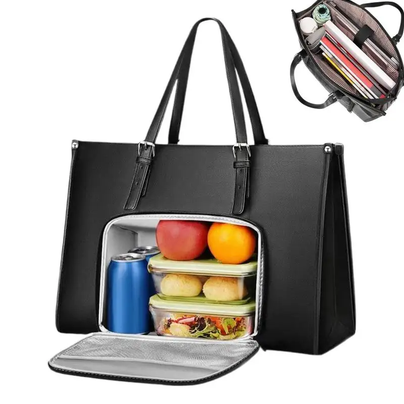 

2 In 1 Tote Bag Lunch Bag 15.6in Laptop Bag With Lunch Compartment PU Leather Computer Holder Fruits Drinks Snacks Container