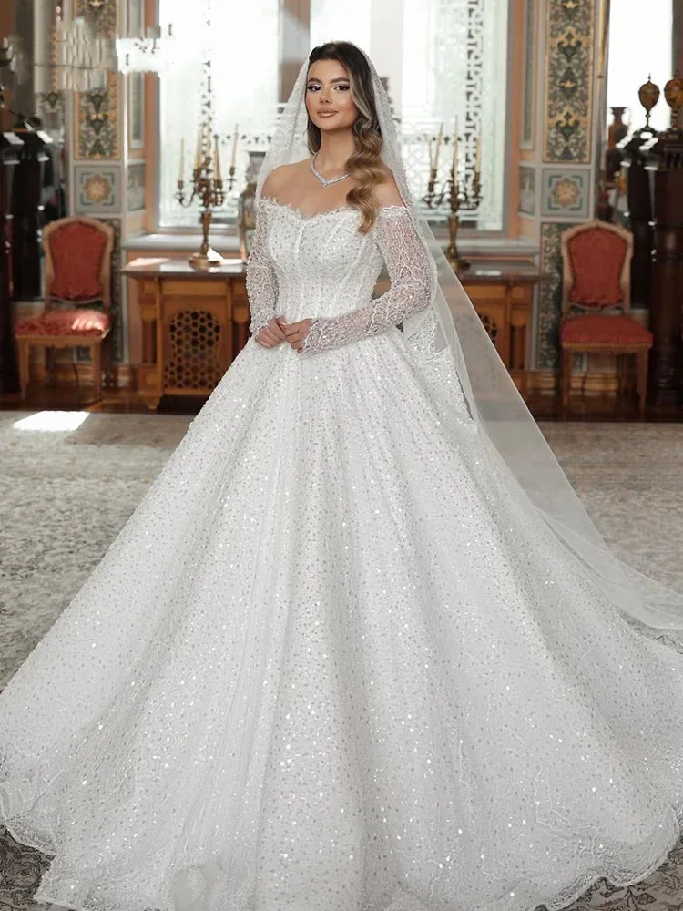 Luxury Beaded Sequins Princess Wedding Dresses Ball Gown Boat Neck Full Sleeve Bride Dresses Vestido De Novia Customized