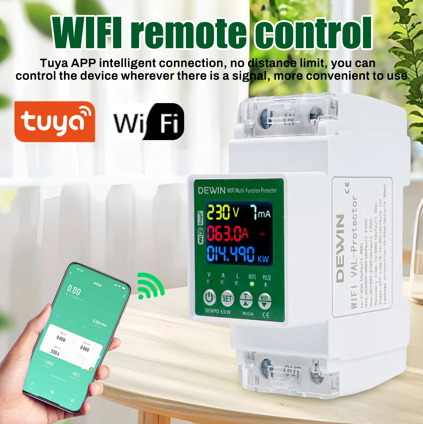

DEWIN Electricity Meter Tuya WiFi Circuit Breaker Smart Energy Power kWh Meter 63A 230VAC Digital Energy Meter contactores 230V