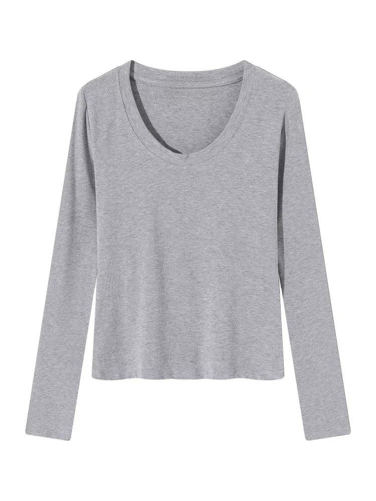 Koreanischer Stil Damen Herbst T-Shirt Langarm U-Ausschnitt Minimalistisches Einfarbiges Weiches Schlankes Basic-Layering-Oberteil Lässiges Strick-Top – Detail 6