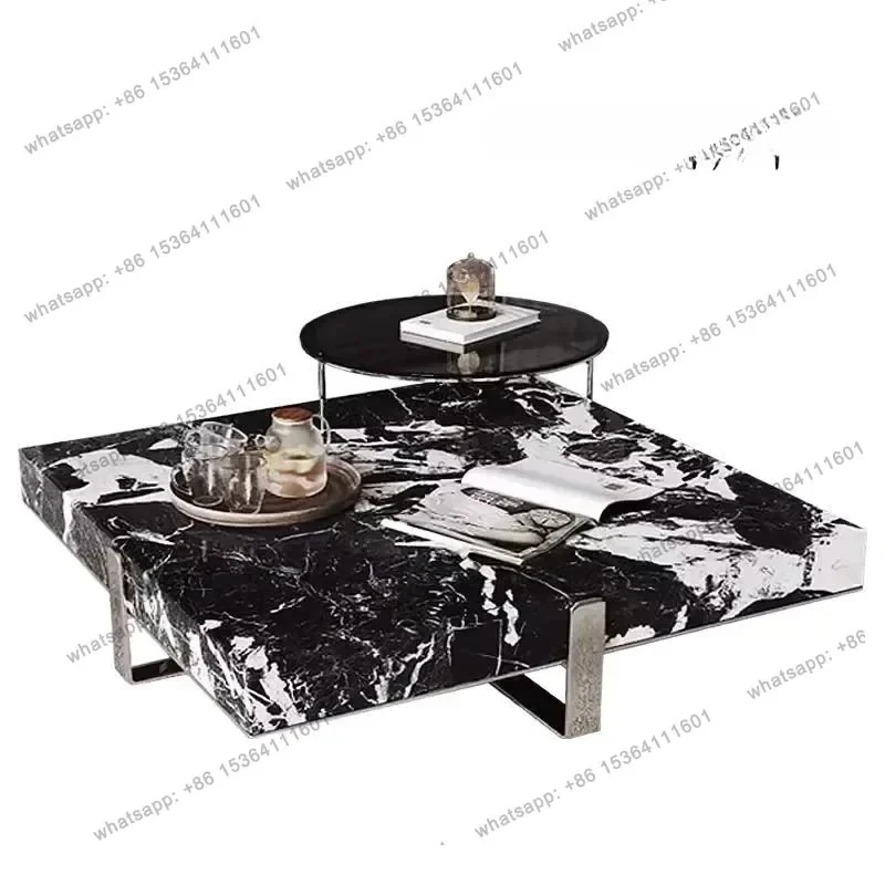 

CC Italian Minimalist Square Coffee Table, Black White Stone Top, Heat-Resistant & Easy Clean, Sturdy Compact Designer Set