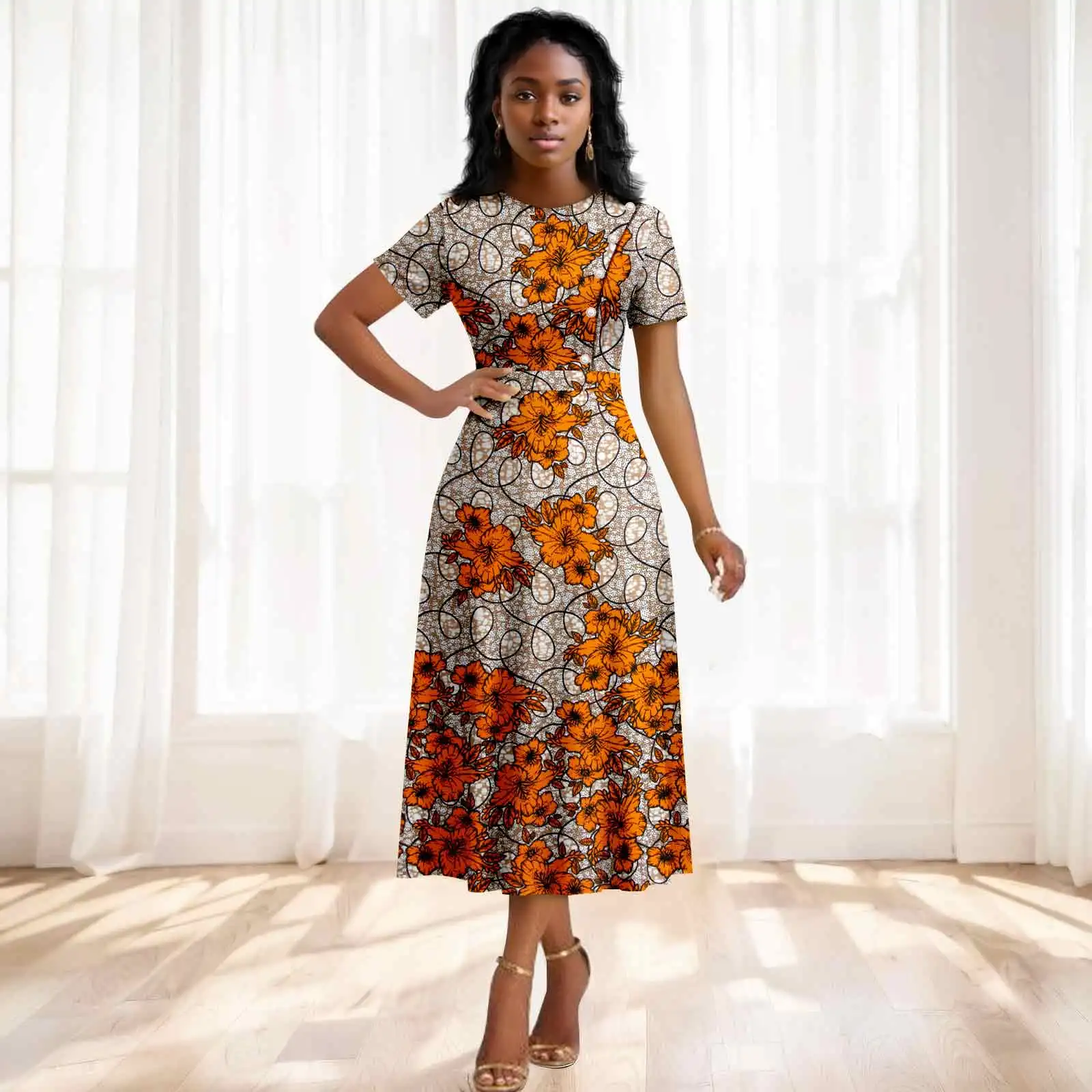 

African Ankara Printed Fabric Women's Dress with Pearl Button Decoration on the Chest 2525077