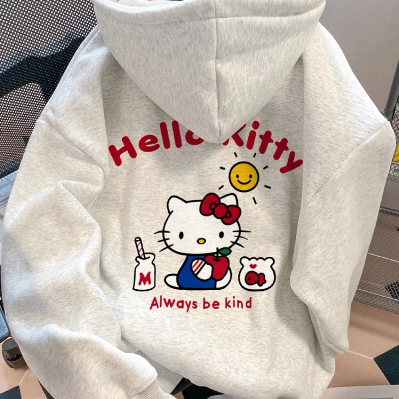 Sanrio Women's New American Trendy Brand Cute Hello Kitty Printed Long Sleeve Hoodie with Velvet for Women's Casual Loose