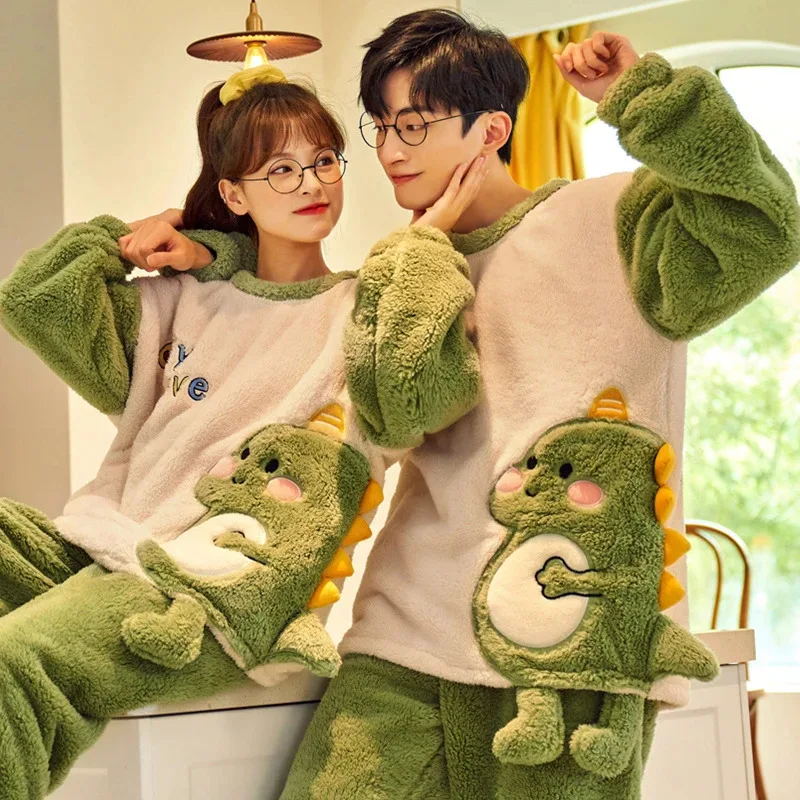 

Winter Thicken Couples Pajamas Suit Women Men Cartoon dinosaur Pijamas Sets Sleepwear Soft Warm Korean Pyjama Femme Lovers Set