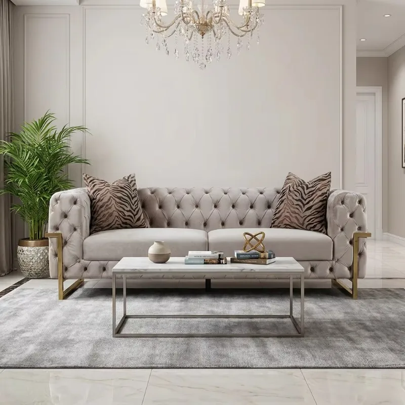 European Style Gray Chesterfield Sofa Reclining Loveseat Armchair Button Tufted Upholstery for Living Room
